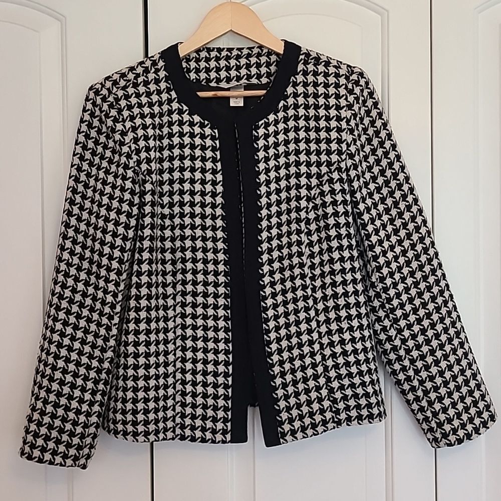 Womens Christopher & Banks Open Front Cropped Blazer Houndstooth Check Size S